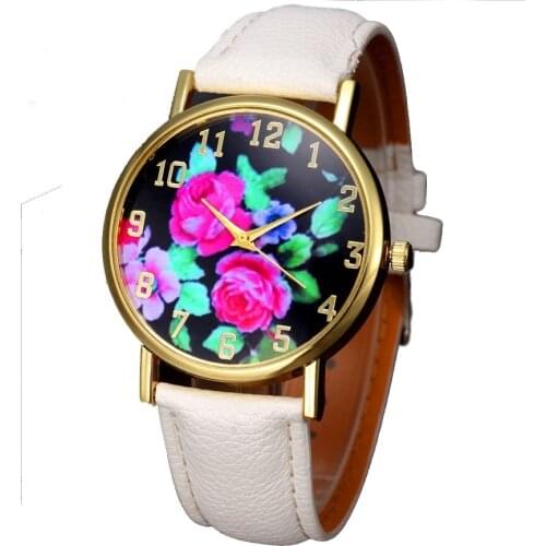 TOP Roses Women Watch Flower Golden wristwatch casual dress watch Korean Fashion Black Face Geneva Style