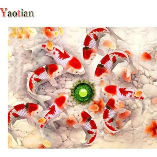 Nine Fish Illustration 5D Diamond Painting Full Drill Square Embroidery Carp Koi Flower Picture Of Rhinestones Cross Stitch Kit