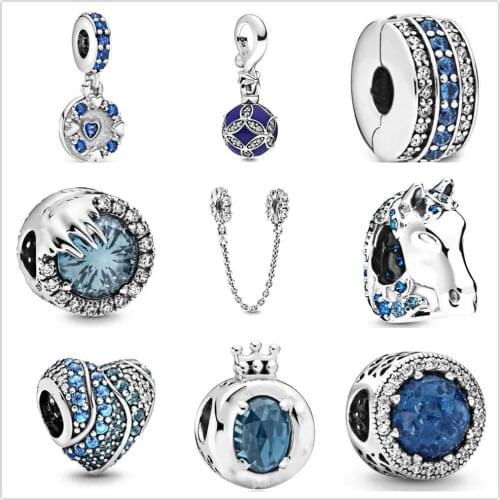 New Original Silver 925 Blue Sparkling Crown O Charm Fit Charms Silver 925 Beads Bracelet For Women DIY Jewelry