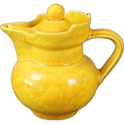 Jingdezhen porcelain antique yellow glaze Carving Dragon Phoenix pattern teapot wine pot home decoration