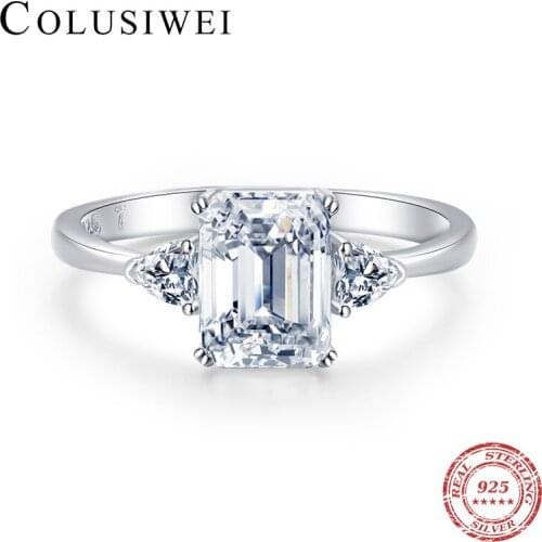 Colusiwei 925 Sterling Silver Luxury Emerald Cut Ring Shiny Heart Zircon Stone Finger Ring For Women Wedding Engagement Jewelry