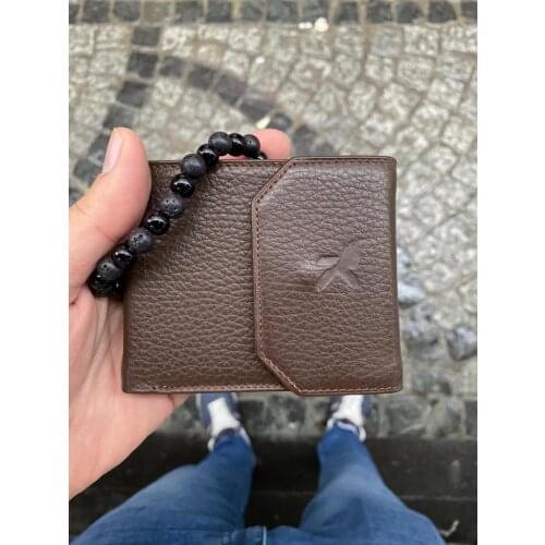 Karali Leather Brown Men 'S Classic Model steel Carabiners Series Genuine Leather Wallet-Natural Stone Bracelet Gift