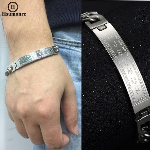 Men Cross Link Bracelets Stainless Steel Chain Bracelets Jesus Bible Lords Prayer Wristband Identity Bracelets Fathers Day Gift