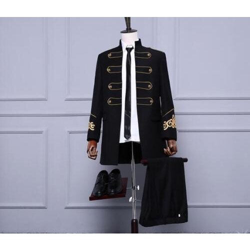 Mens Military Prince Coats Blazer Jacket Gold Buttons Long Black Male Jackets Stand Collar