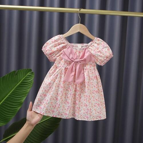 New 2021 Kids Clothes Girls Summer Dress Baby Girl Princess Dress Toddler Cute Bow Floral Print Children Dresses Pink Vestidos