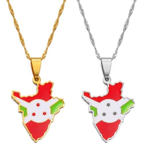 Anniyo Burundi Map & Flag Pendant Necklaces Stainless Steel Jewelry Burundian Ethnic Gifts #168721