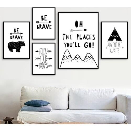 Tent Bear Arrow Brave Quotes Wall Art Canvas Painting Nordic Posters And Prints Black Baby Kids Room Decor White Wall Picture