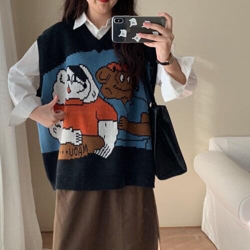 Casual Sweater Vest Women 2021 Korean Style Vintage Cute Cartoon Pattern Sleeveless Pullover Knitted Tank Tops Waistcoat T652