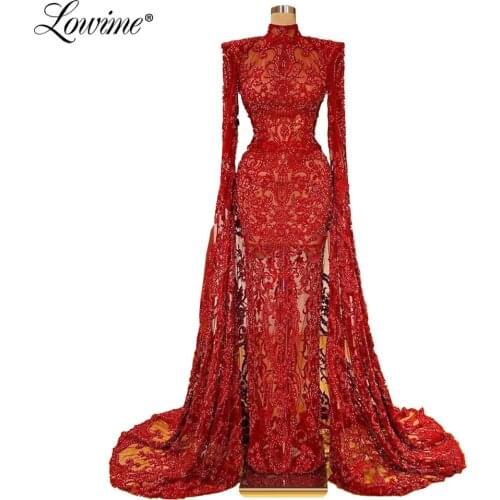 Lace Mermaid Luxury Dubai Evening Dresses 2020 Long Sleeves Beading Formal Dress Red Party Gowns Muslim Prom Dress Vestidos