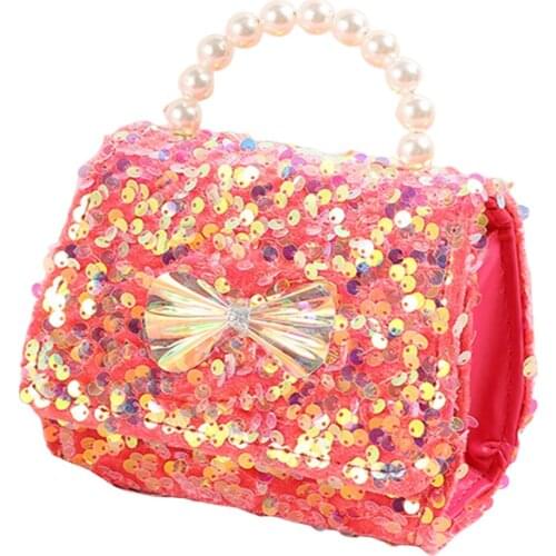 Girls Sequins Cross-body Bag, Bow Knot Pattern Square Shape Messenger Bag, Black/ White/ Pink/ Coral Pink/ Blue