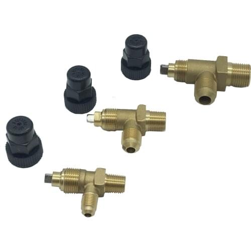 Angle valve with thread adapater (male NPT to SAE) is used in liquid refrigerant receiver, condenser or evaporators for repair
