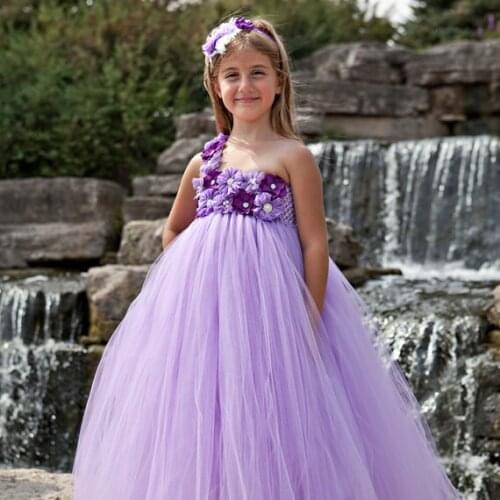 Girls Lavender Flowers Long Tutu Dress Kids Crochet Tulle Dress Ball Gown with Hairbow Set Children Wedding Party Costume Dress