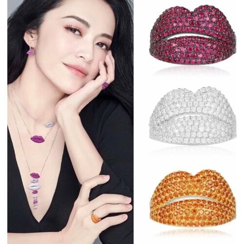 S925 Sterling Silver Sexy Red Lips Ring Full Pave Top Red White Orange Zirconia Big Mouth Silver Ring For Women Luxury Jewelry