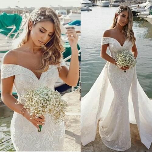 Modest Mermaid Lace Wedding Dress 2021 robe made by Detachable Train Off The Shoulder Gowns Summer Dresses For Women