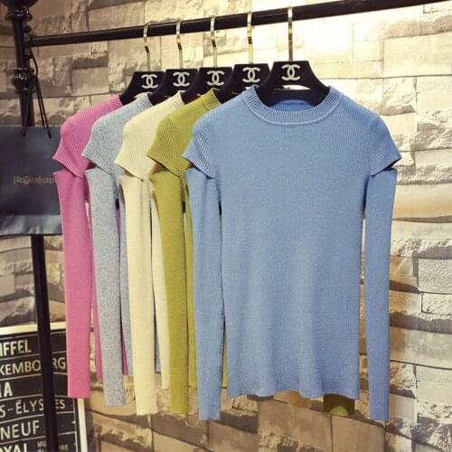 Spring and autumn new style Korean style hollow knit womens long-sleeved round-neck bottoming coat solid color sweater women