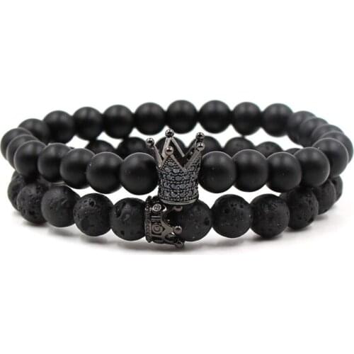 2Pcs/Set Natural Black Volcanic Lava Stone Matte Black Beads Bracelet Pave CZ Crown Bracelets Women Men Cassic Jewelry Pulseras