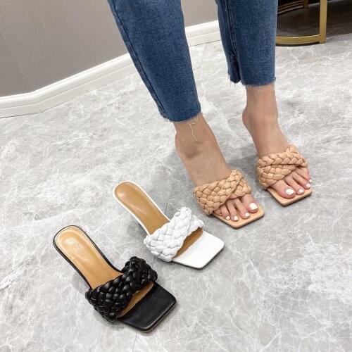 2021 New Women Summer Slides High Quality Weave Open Toe High Heels Party Shoes Slippers Office Ladies Prom Mules