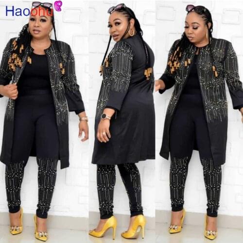 HAOOHU African Sets for Women 3 Piece Set Dashiki Sequined Top Pants African Clothes Bazin Autumn Fashion Robe Female