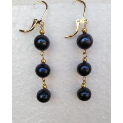 Noble jewelry NEW HOT BLACK PEARL DANGLE EARRING 14K/20 YELLOW GOLD free shipping