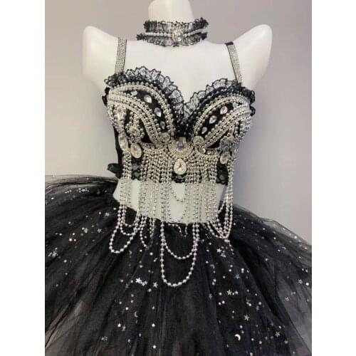 Shining Silver Rhinestones Beading Black Lace Bra Tutu Skirt Womens Evening Dance Female Singer Nightclub Bar Outfit Set
