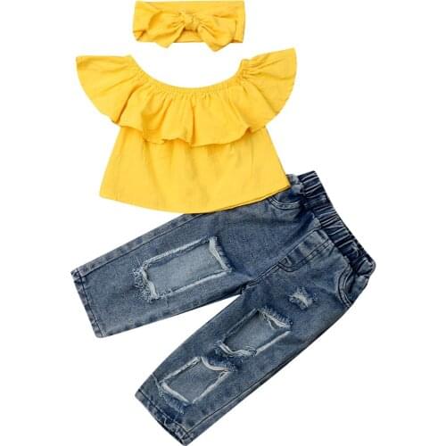 Kids Baby Girl Summer Clothes Off Shoulder Tops Jeans Frayed Denim Pants Outfits