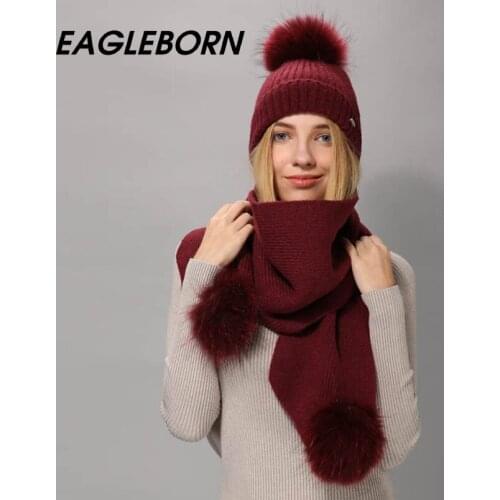 EAGLEBORN winter hat scarf for women girls beanie wool Knitted hat scarf set and big real mink fur pom pom Winter Beanie Scarf