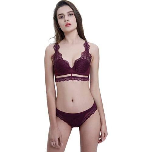 Hollow Out Lace 1/2 Cup Bra and Brief Set Underwear with Push Up Women Sexy Deep V Broadside Lingerie 2019 New Brassieres