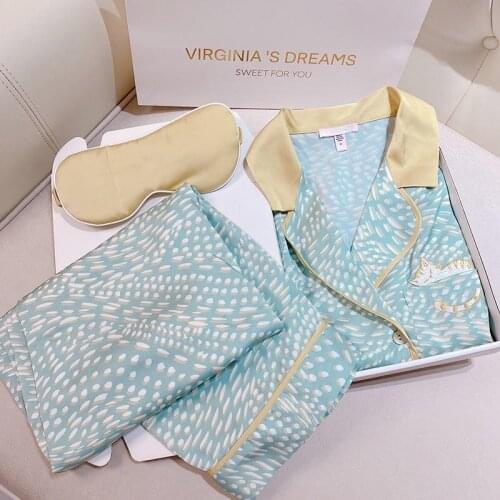 KEAKELEIN Long Sleeve Lace Pajamas Autumn Ice Silk Long Sleeve Trousers Suit Printing Fashion Pyjamas Set