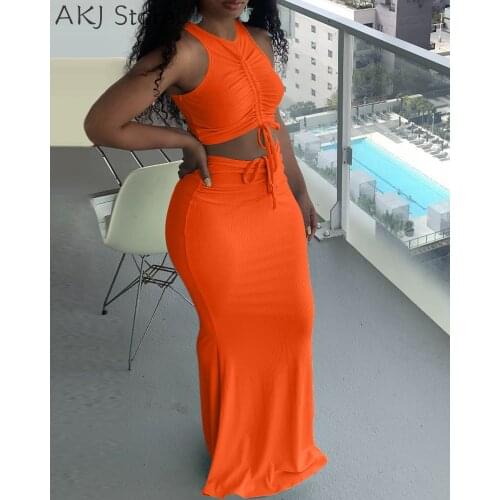 Summer Drawstring Sleeveless Top & Maxi Skirt Set