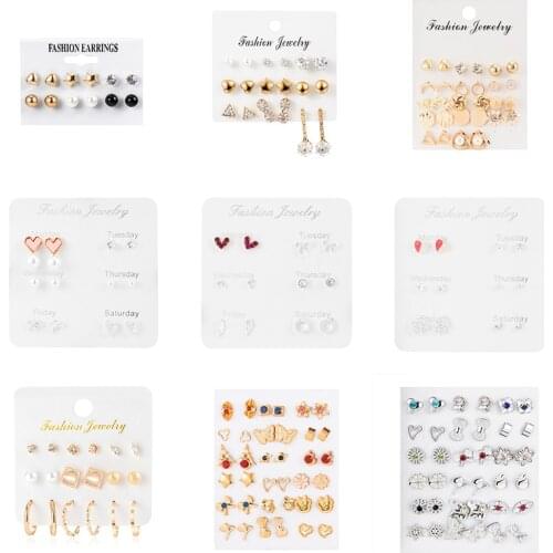 Fashion Womens Earrings Mixed Styles Rhinestone Sun Flower Geometric Animal Plastic Stud Earrings Set For Women Girls Jewelry