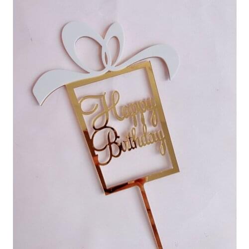 Gift Box Acrylic Happy Birthday Cake Topper Gold Blue Frame Cake Topper For Kids Girls Birthday Party Cake Decorating Supplies