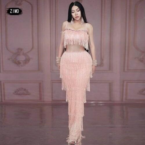 Pink Fringe Rhinestone feather Long dress Birthday Bodycon Prom Wedding party Dress Women designer Dance Singer stage clothing
