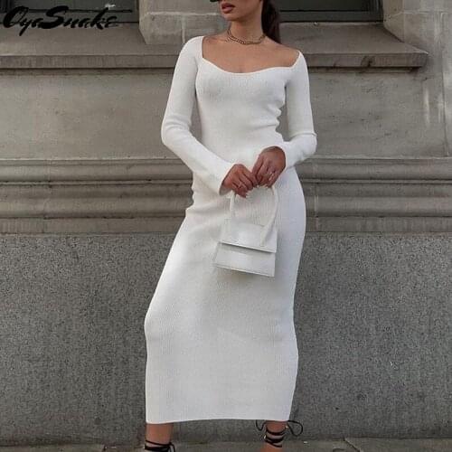 Oyasnake Sexy Square Collar Knitted Sweater Dress Women Party High Street Slim Fit Long Sleeve Clothes Autumn Winter