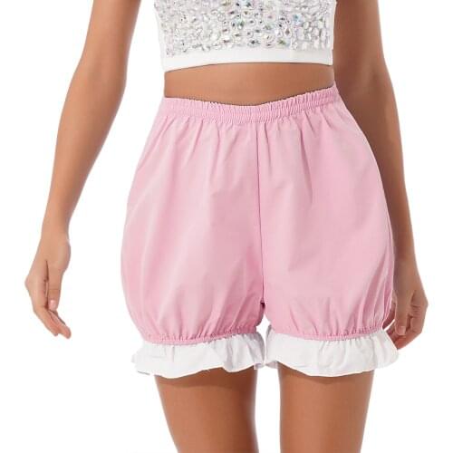 Women Lovely Lolita Ruffle Shorts Nightwear Maid Role Play Costume Color Block Elastic Waistband Bloomers Sleepwear