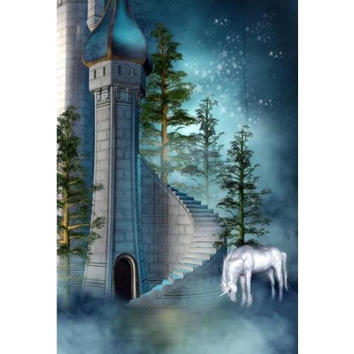 Fairytale Series Photography Background Retro Stone Castle With Steps And Green Trees White Unicorn Backdrop For Photo Booth