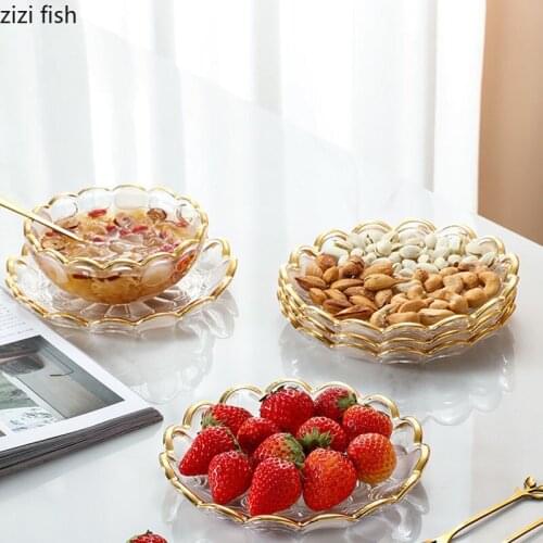 Golden Edge Glass Fruit Bowl Food Dishes Dessert Snack Dish Minimalist Dining Table Serving Trays Coffee Table Large Plate