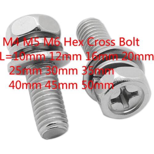 40pcs M4 M5 M6 Hex Cross Bolt Phillips Head Phillips Hexagon Screws Flat Spring Washers 304 Stainless Steel L=10-50mm 16mm 30mm