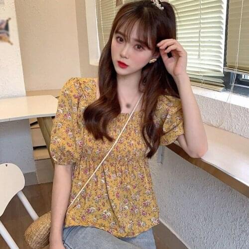 Women Floral Printed Single Breasted Tshirt Short Sleeve Fashion Square-Neck Female Casual Chiffon Tops