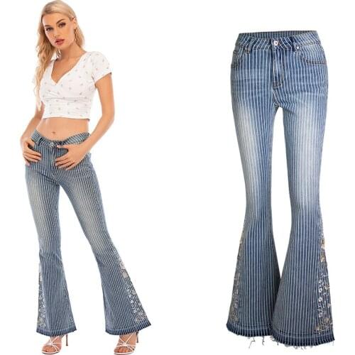 228 Flare Pants Women Autumn Embroidery Vintage Fashion Vertical Stripes Thin Streetwear Popular Daily Office Denim Jeans Female