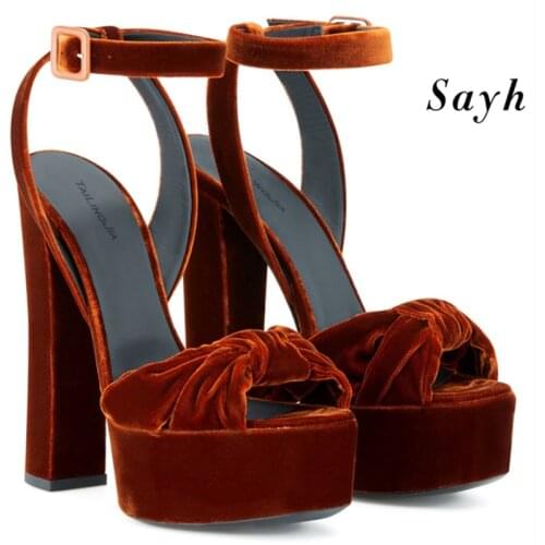 Women Fashion Velvet Platform Pumps Thick High Heels Peep-Toe Sandals Knotted Sandals Ankle Buckle Party Prom Shoes