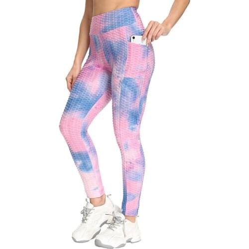 The New Womens Yoga Pants Ladies Tie-Dye Pockets Breathable Buttocks Sports Fitness Jacquard Bubble Pilates Movement Yoga Pants