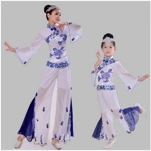 Woman Chinese Blue and white porcelain Classical dance costume children national dance performance clothing girls yangko dance