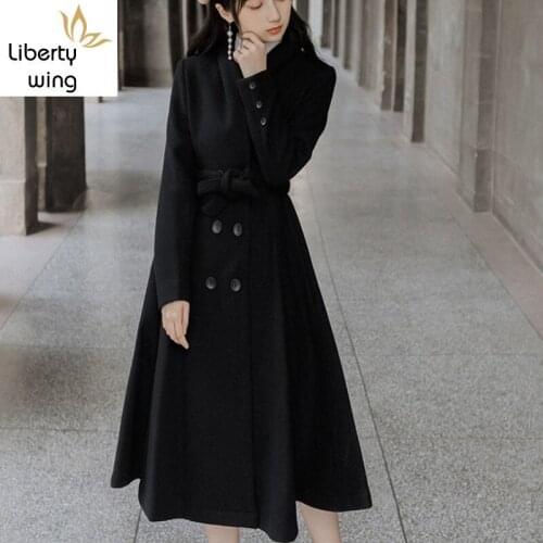 Women Skirt Style Wool Blends Long Coat Double Breasted Sashes Trench Vintage Ladies Classic Autumn Winter Belt Woolen Overcoat