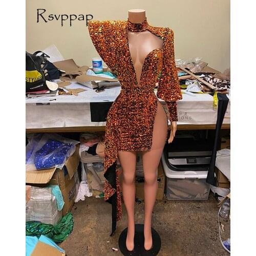 Sparkly Gold Sequin Short Prom Dresses 2021 Designed Shoulder Sheer High Neck Single Long Sleeve African Black Girl Prom Dress