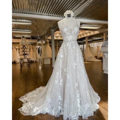 Chapel Bridal Wedding Dress 2021 A-Line Lace Tulle vestidos de novia Spaghetti Designer robe de soirée de mariage Criss Cross