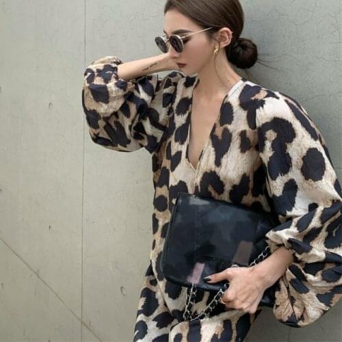 Vintage Leopard Print Dress Women Vestidos Casual Loose V-Neck Three-Quarter Sleeve Mixi Dress Korean Clothing Female Robe