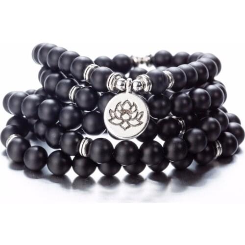 108 Beads Genuine Matte Onyx Stones Tree of life Lotus OM Buddha Bracelets Prayer Chakra Yoga Jewelry