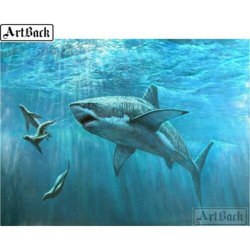 New 5d diy diamond painting shark picture square circle full drill 3d diamond mosaic handicraft decoration painting ocean fish