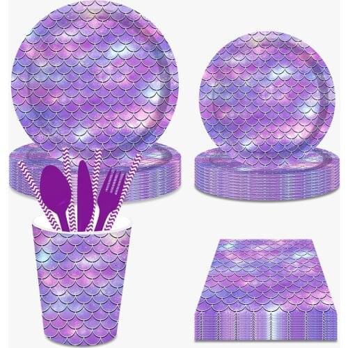 Cartoon Sea Little Mermaid Scales Happy Birthday Party Disposable Tableware Sets Tablecloth Underwater Animals Party Decorations