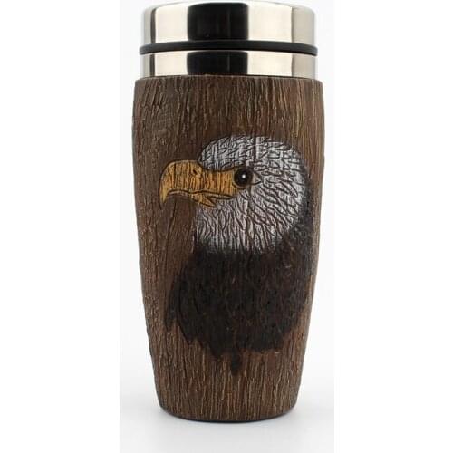 Wooden Barrel Mug Cup Eagle Resin Stainless Steel Beer Mug Goblet Game Tankard Coffee Cup Hawk Animal Wine Drink Mugs Gift